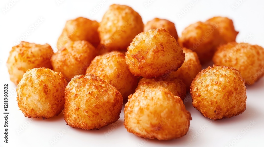Golden brown crispy tater tots arranged on a clean white background highlighting their texture and appeal for food photography. Golden brown crispy tater tots arranged on a clean white background highlighting their texture and appeal for food photography.