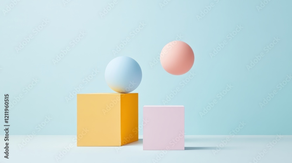 Playful Three-Dimensional Composition of Colorful Geometric Shapes on a Soft Blue Background Playful Three-Dimensional Composition of Colorful Geometric Shapes on a Soft Blue Background
