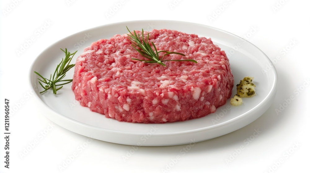 classic steak tartare served on a white plate garnished with fresh herbs ready for preparation and presentation in fine dining classic steak tartare served on a white plate garnished with fresh herbs ready for preparation and presentation in fine dining