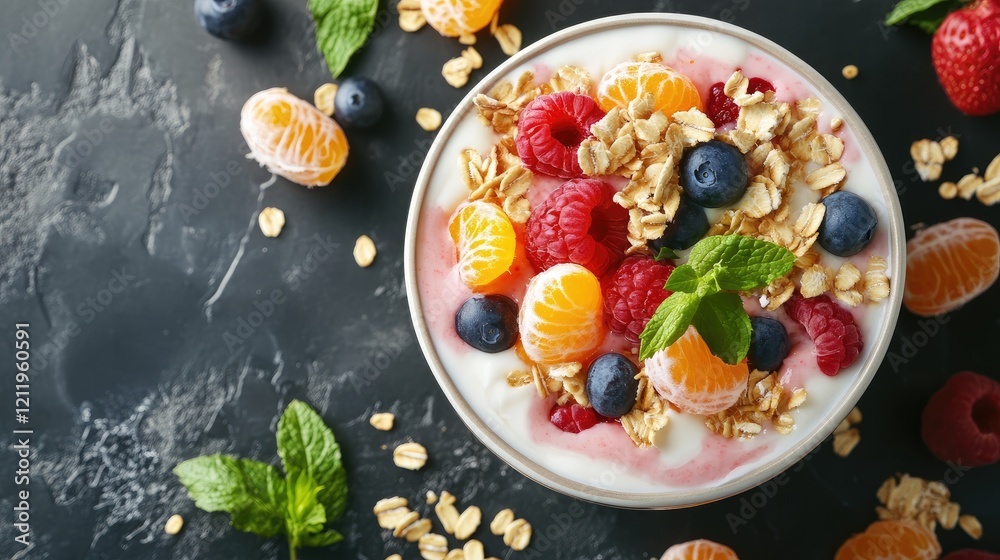 Obraz premium Delicious yogurt bowl topped with fresh fruits and oats creating a vibrant and healthy breakfast option on a dark stone background