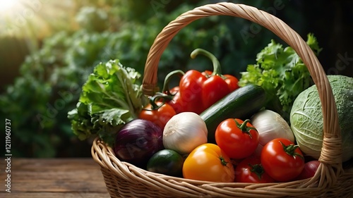 Fresh organic fruits and vegetables in wicker basket