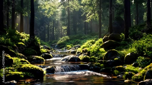 Tranquil Forest Stream: Sunlight, Moss, and Gentle Flow - Nature Video Footage