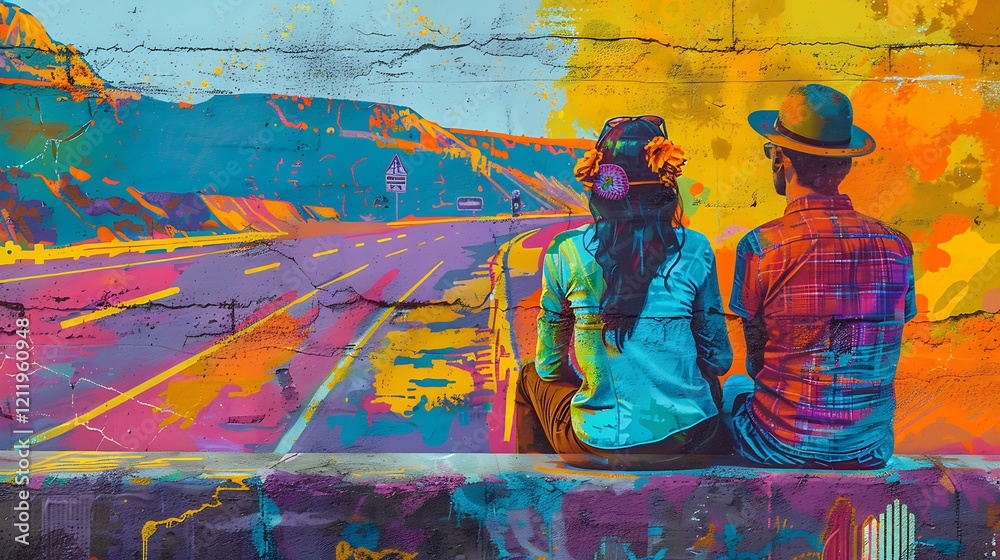 A vibrant painting of two friends on a road trip, painted on a wall with a scenic highway mockup on the side. A vibrant painting of two friends on a road trip, painted on a wall with a scenic highway mockup on the side.