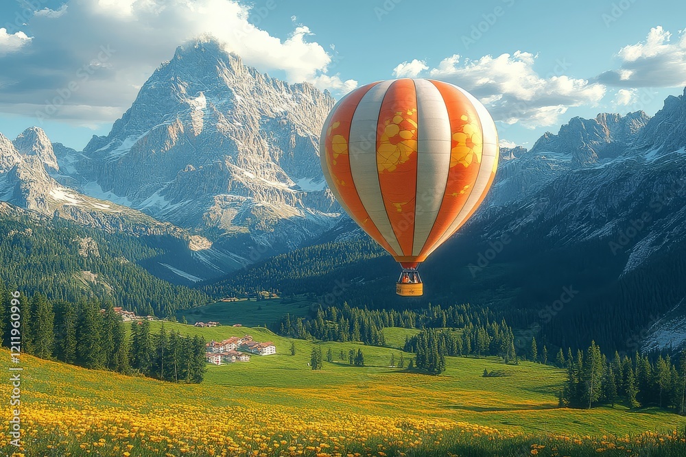 Fototapeta premium Ultra-realistic 3D render of a hot air balloon flying over a green meadow with yellow flowers and mountains in the background.