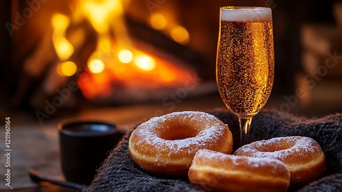 Pumpkin spice donuts with a sparkling vanilla cooler and a velvet poncho by a crackling fire