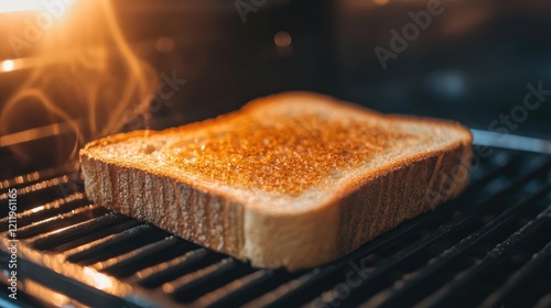 Golden toast on a rack inside a metal oven with steam rising in a warm kitchen setting. photo