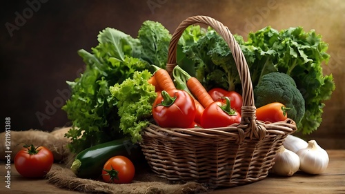 Fresh organic fruits and vegetables in wicker basket