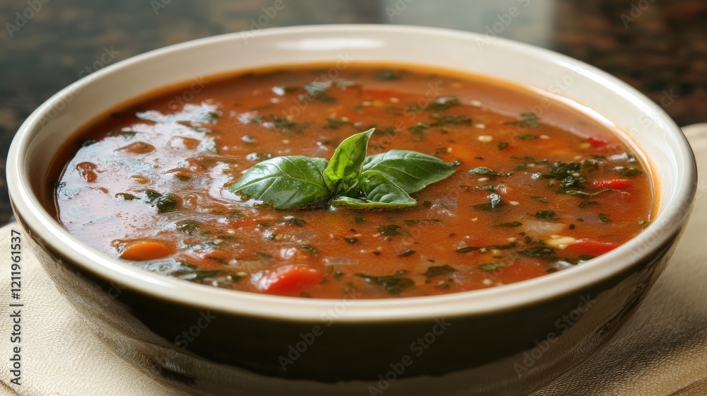 Tomato basil soup garnished with fresh basil leaves in an elegant bowl served on a rustic table setting Tomato basil soup garnished with fresh basil leaves in an elegant bowl served on a rustic table setting