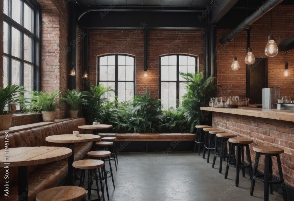 Fototapeta premium A charming restaurant with tables, stools, and a vibrant green wall