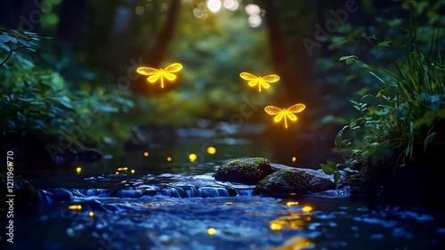 Enchanted Forest Stream: Glowing Dragonflies and Fireflies at Dusk - 4K Nature Scenery