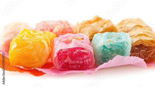 Turkish delight and baklava assortment on vibrant paper showcasing traditional sweets against a clean white background