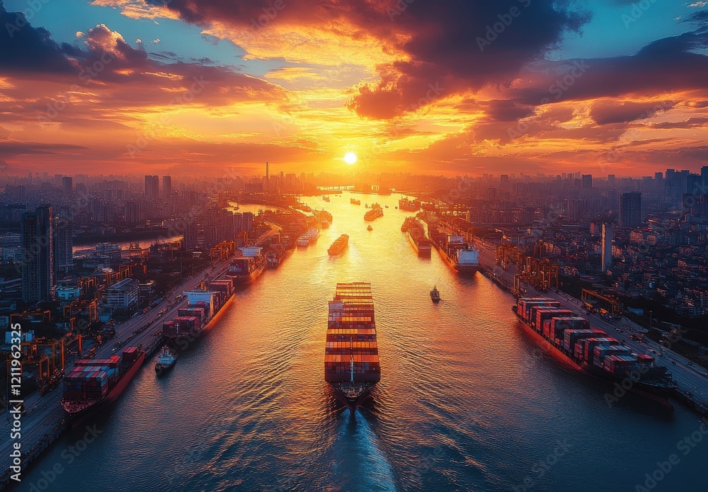 Fototapeta premium Beautiful Sunset Over a Busy Shipping Channel with Container Ships and Vessels Navigating the Waterways of the City Skyline in the Background
