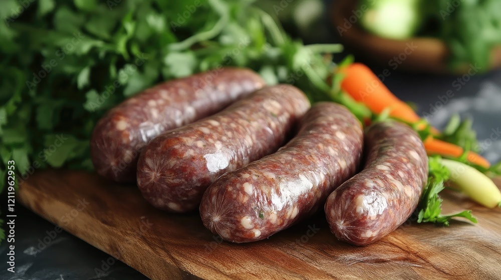 boiled sausages displayed on a wooden board with fresh vegetables and herbs for a delicious culinary presentation boiled sausages displayed on a wooden board with fresh vegetables and herbs for a delicious culinary presentation