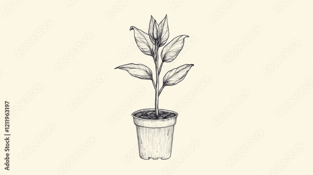 Fototapeta premium Hand-drawn sketch of a potted plant with five leaves.