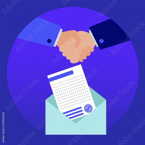 Businessmen shaking hands over contract in envelope