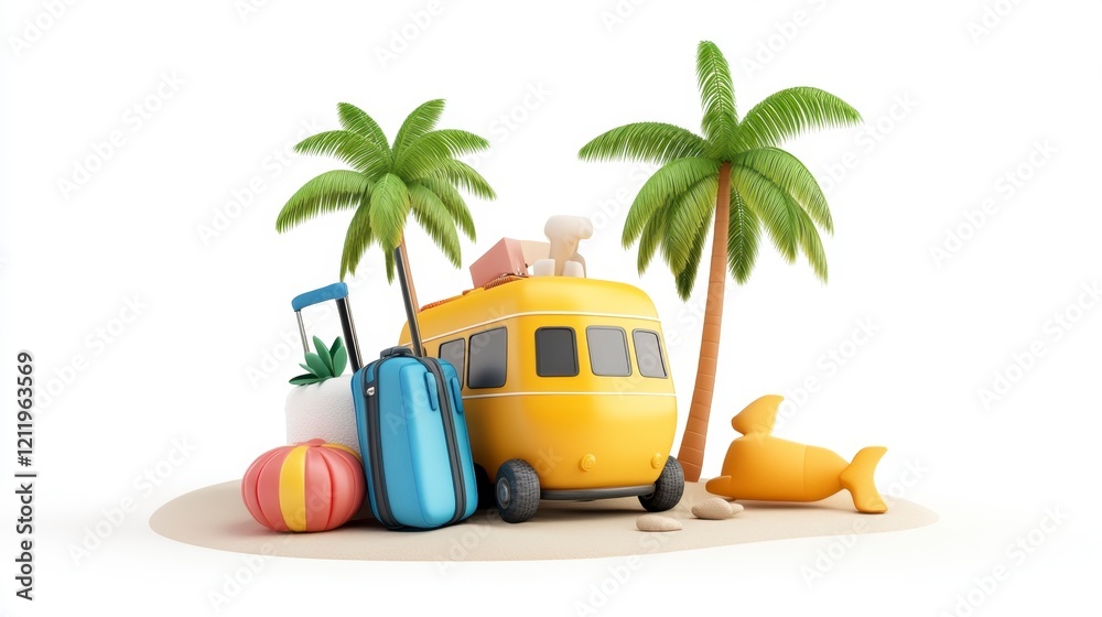 Obraz premium Colorful Cartoon Beach Scene with Yellow Van and Palm Trees