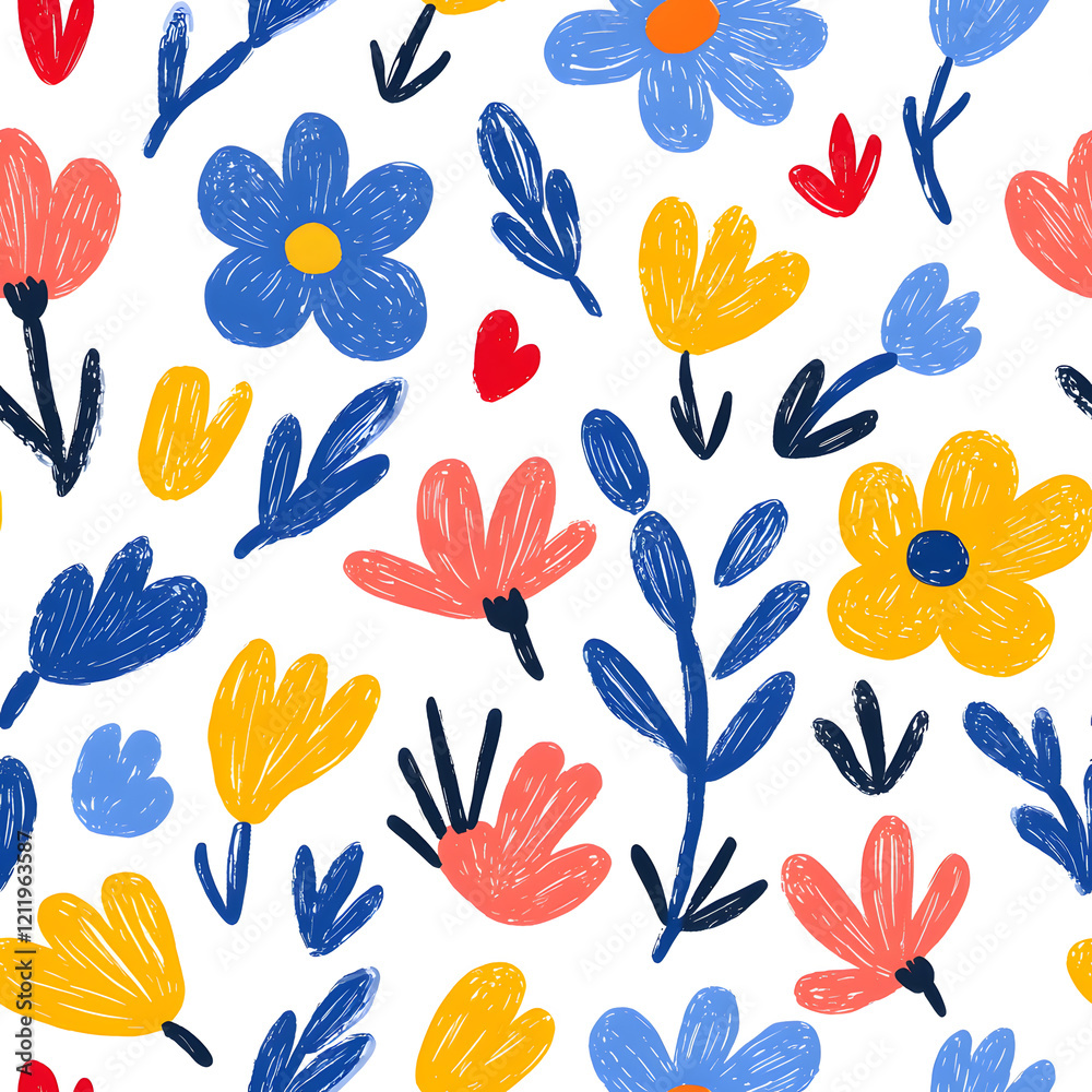 Folk art inspired seamless pattern with flowers, geometric organic shapes, on white background Folk art inspired seamless pattern with flowers, geometric organic shapes, on white background