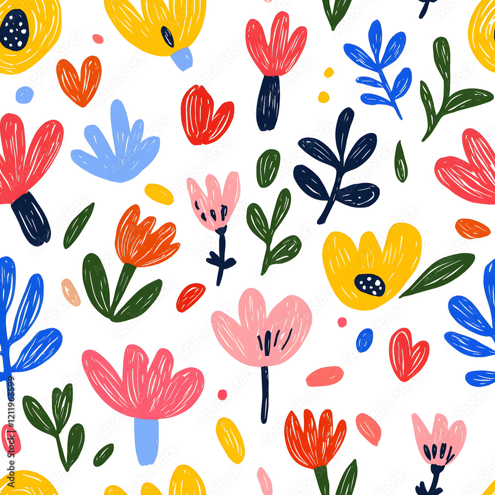 Folk art inspired seamless pattern with flowers, geometric organic shapes, on white background Folk art inspired seamless pattern with flowers, geometric organic shapes, on white background