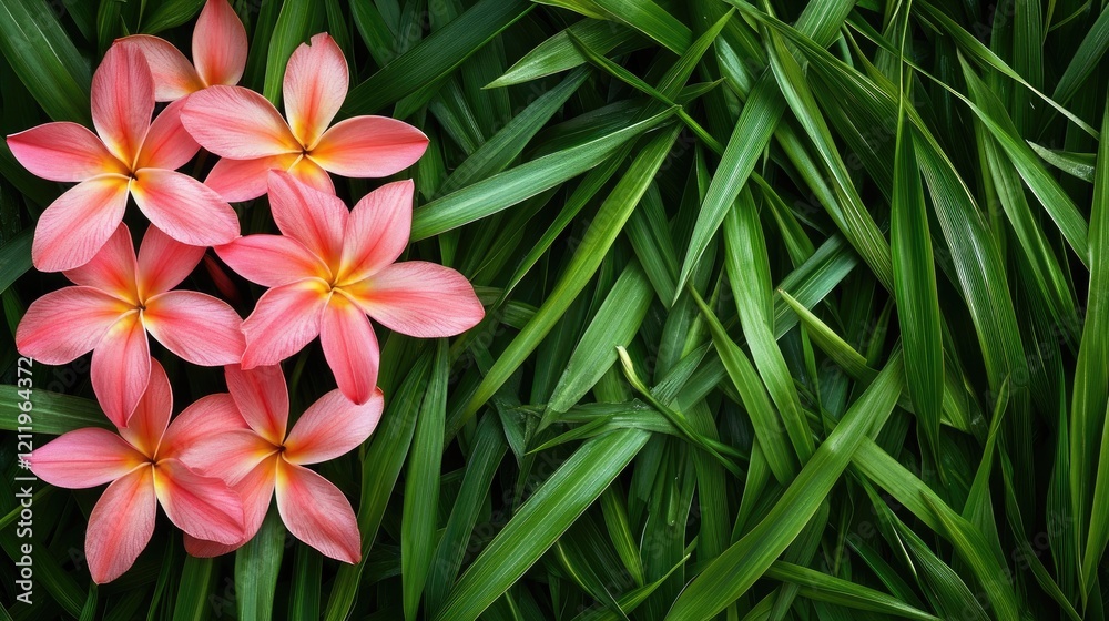 Fototapeta premium Tropical pink flowers arranged on lush green grass creating a vibrant natural background for relaxation and tranquility themes