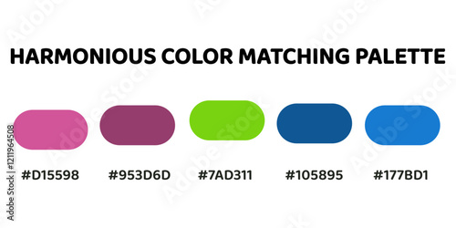 Harmonious color palette with five colors. This palette combines warm and cool tones, balanced and visually appealing aesthetic. Magenta, Mahogany, Chartreuse, Cobalt Blue, Cerulean. 82.