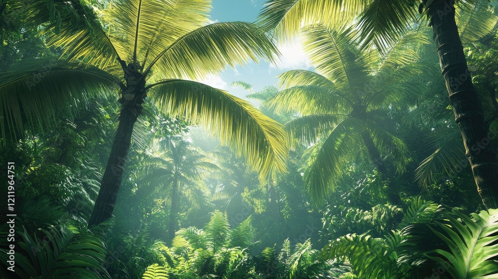 Naklejka premium Lush tropical palm trees with sunlight filtering through the canopy in a serene forest setting, ideal for nature-themed projects.