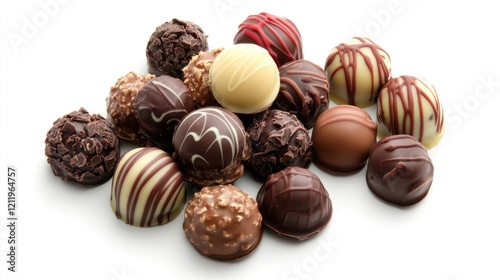 Assorted gourmet chocolate truffles pralines elegantly arranged on a white background showcasing rich textures and tempting flavors