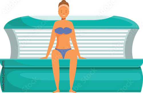 Young woman sitting on a tanning bed is taking a sunbath