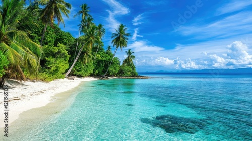 Tropical Paradise with Clear Waters and Lush Palm Trees under a Bright Blue Sky photo