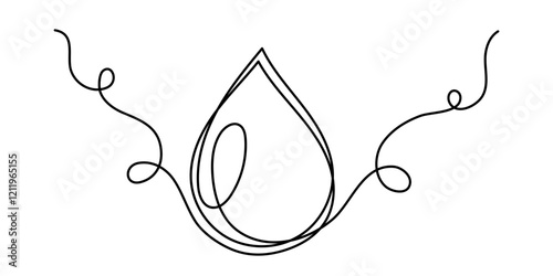 Water drop one line art,hand drawn fresh wet dew design drawing continuous contour.Aqua drinkable natural rainy dribble outline,pour moisture symbol.Isolated.Editable stroke. Vector illustration