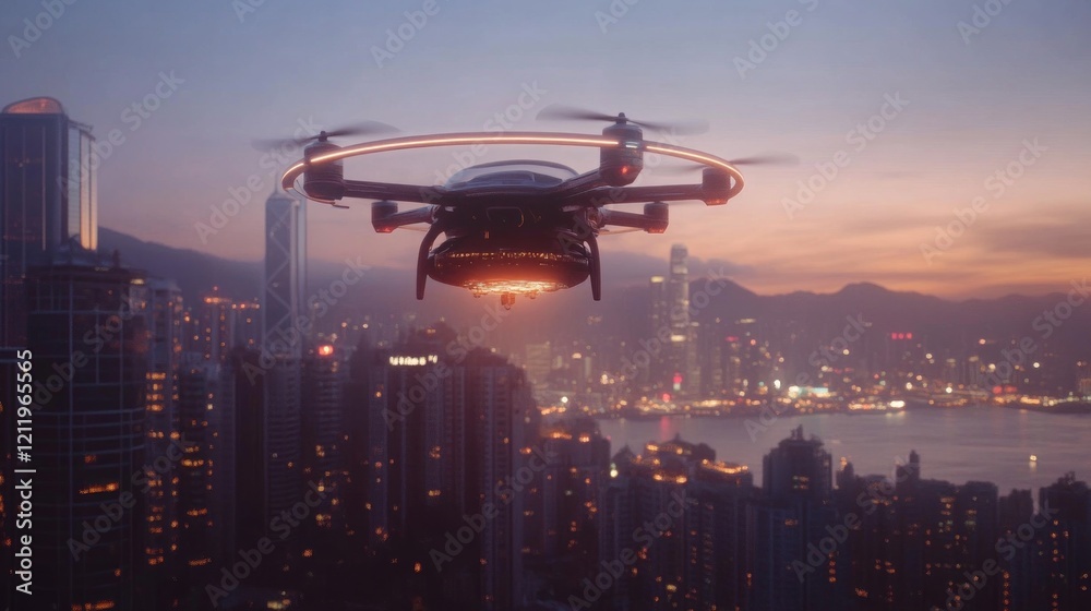 Drone Flying Over Skyscrapers at Dusk in Urban Skyline View Drone Flying Over Skyscrapers at Dusk in Urban Skyline View