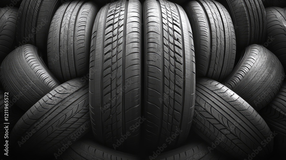 Black tire stack arranged in an intricate pattern showcasing a sustainable tire recycling concept highlighting textured surfaces and shadows. Black tire stack arranged in an intricate pattern showcasing a sustainable tire recycling concept highlighting textured surfaces and shadows.