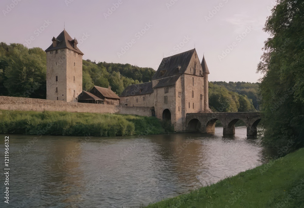 Obraz premium A historic bridge spans a river, with a castle in the background