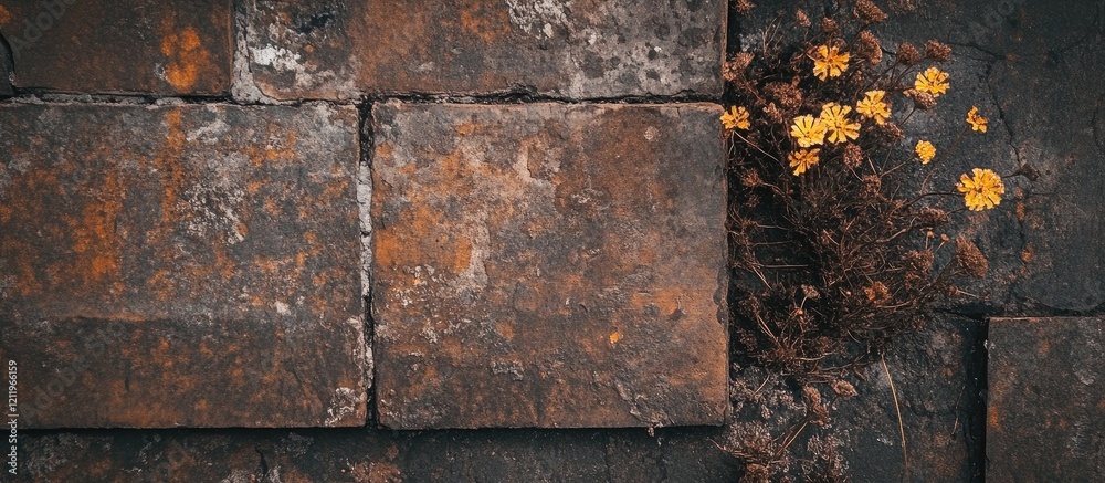 Aged brown brick wall texture with wildflowers and natural elements ideal for rustic backgrounds or design layout templates Aged brown brick wall texture with wildflowers and natural elements ideal for rustic backgrounds or design layout templates