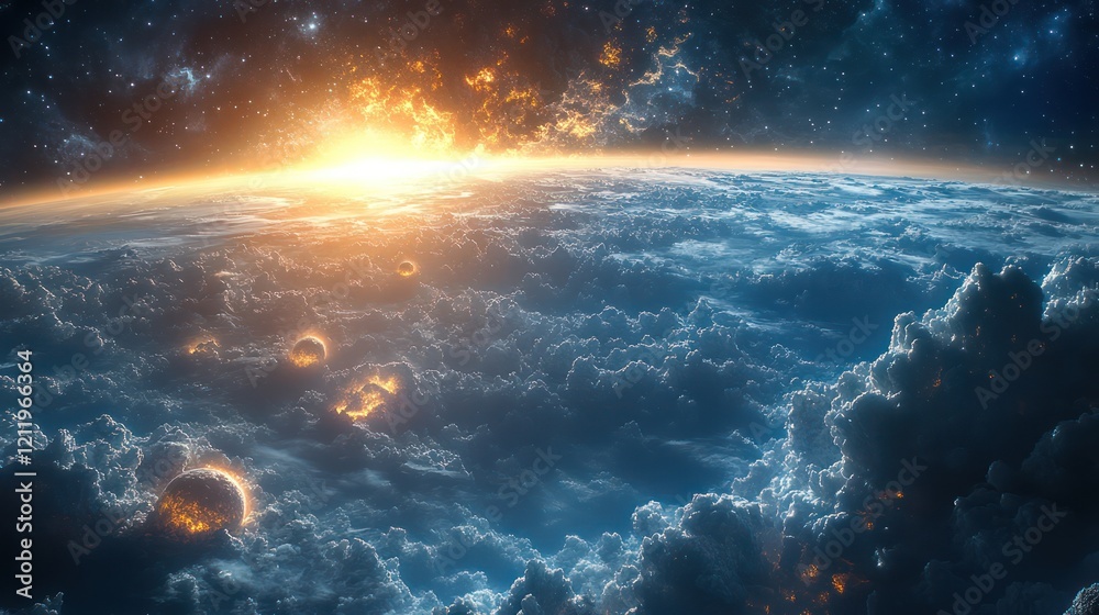 Fototapeta premium Cosmic Sunrise: A Celestial Tapestry of Clouds and Fiery Planets