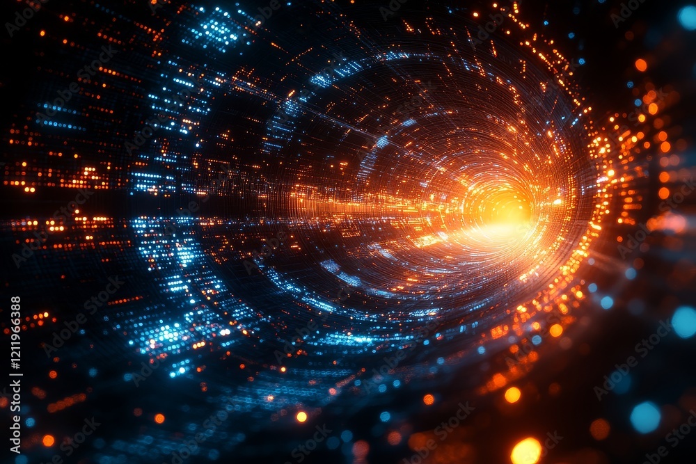 Fototapeta premium Abstract musical notes in a futuristic digital space with motion blur, blue and orange colors, and a cinematic feel.