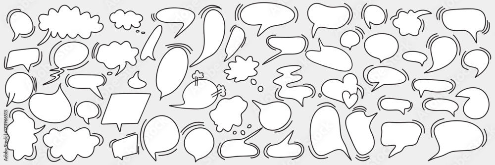 Fototapeta premium Big set of dialog boxes, different options are hand drawn. Collection of speech bubbles for conversation, dialogue, decoration on gray background. Empty comics conversations. Vector
