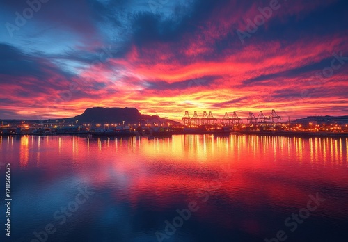 Breathtaking Sunset Over a Coastal City Harbour with Vibrant Colors Reflecting on Water Surrounded by Mountains and Industrial Cranes Against a Dramatic Sky