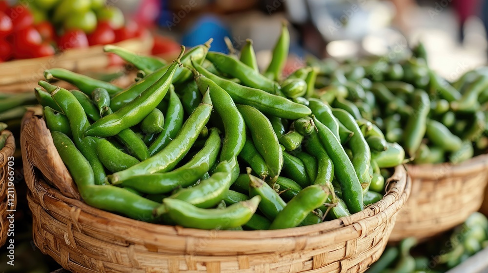 Fresh Turkish green beans displayed in woven baskets at a vibrant market showcasing local produce and traditional culinary ingredients. Fresh Turkish green beans displayed in woven baskets at a vibrant market showcasing local produce and traditional culinary ingredients.