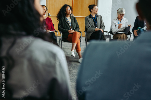 Diverse group of professionals seated in a meeting during a networking event