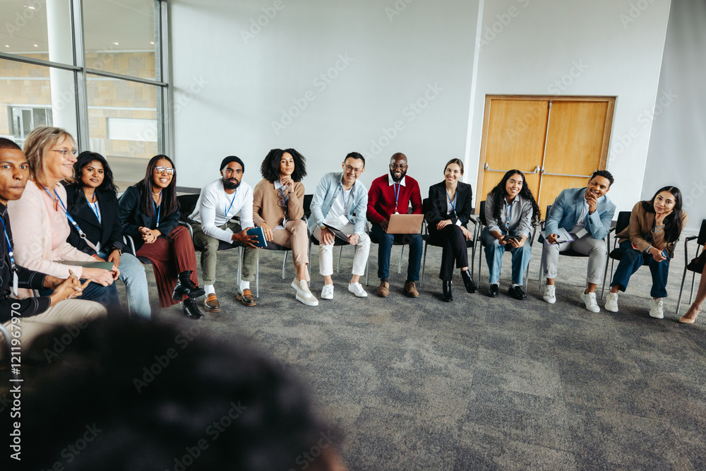 Fototapeta premium Diverse group of professionals in a circle during a collaborative discussion session