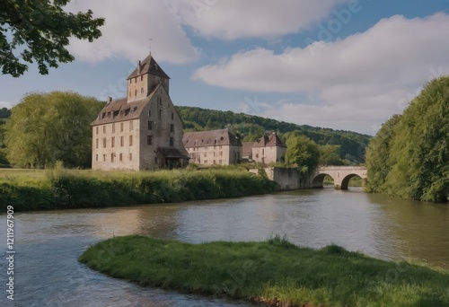 In the center of a serene lake, a beautiful castle rests on a small island photo