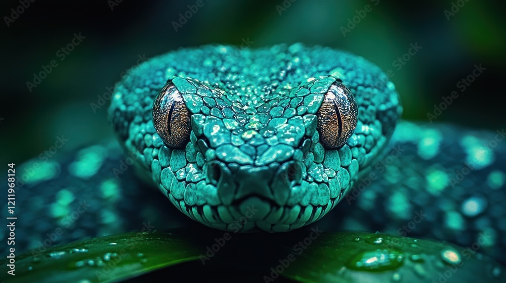 Fototapeta premium Emerald tree viper closeup, rainforest, night, danger, wildlife, nature photography