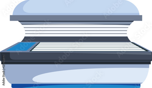 Horizontal solarium bed with opened lid, ready for tanning sessions