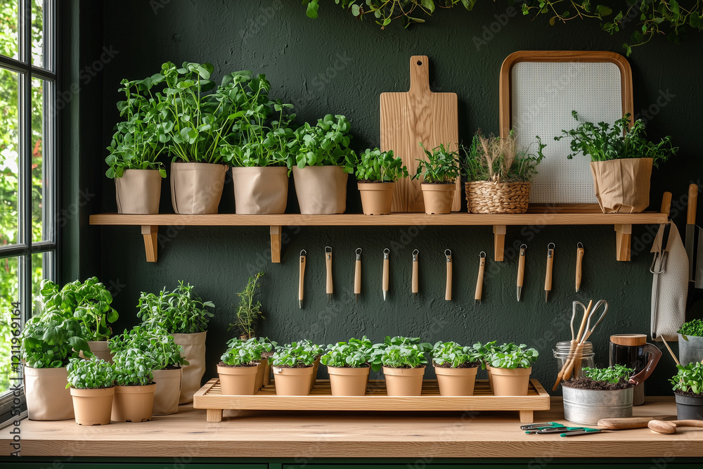An organized setup of seedling trays with various young plants, creating a calm, cozy atmosphere in a well-lit space with a focus on early-stage growth.
