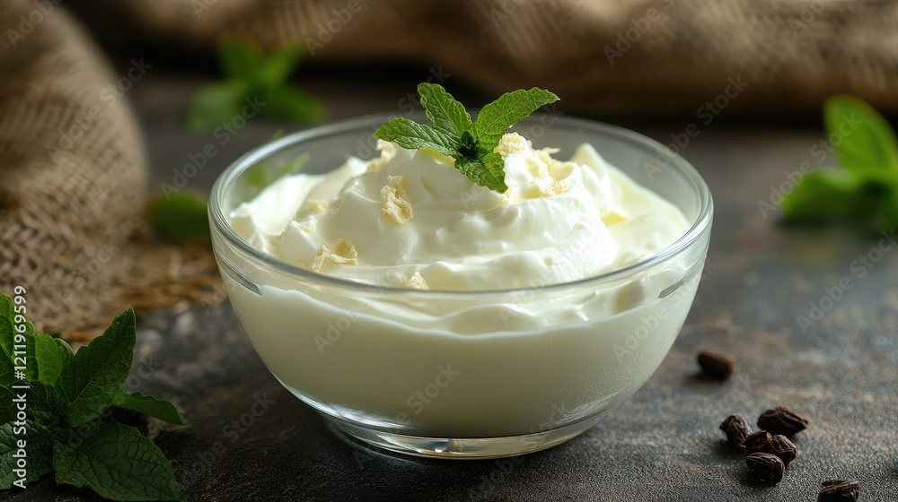 Turkish yogurt served in a glass bowl garnished with mint leaves on a rustic table setting Turkish yogurt served in a glass bowl garnished with mint leaves on a rustic table setting