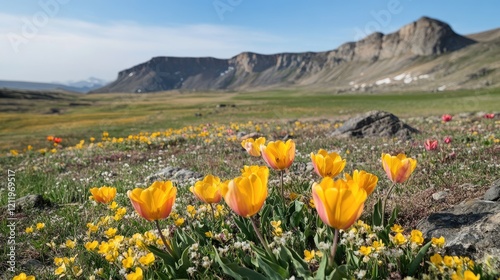 Wild tulips Tulipa gesneriana and Tulipa schrenkii blooming in a scenic mountain valley with colorful flowers and rocky landscape in springtime. photo