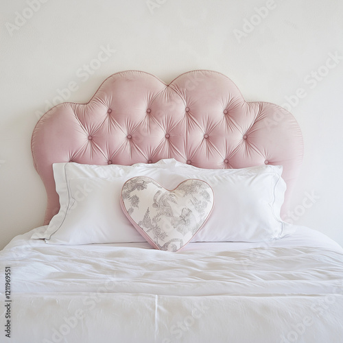 Pink Velvet Headboard with Heart Pillow White Bedding