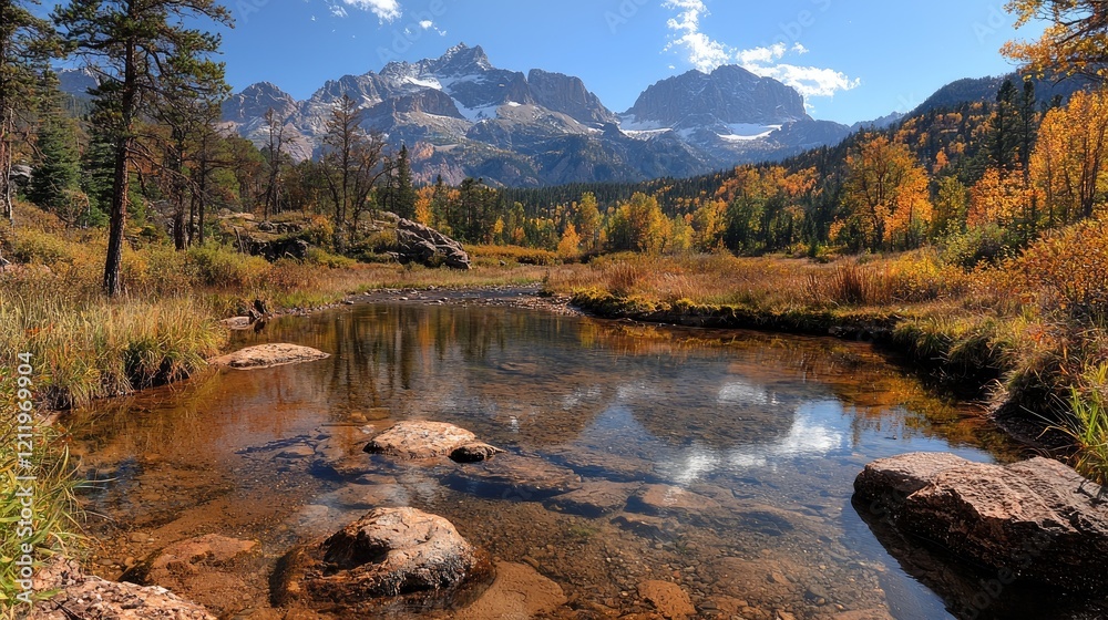 Fototapeta premium Autumnal mountain lake reflection, tranquil scene, Colorado Rockies, fall foliage. Use travel brochure