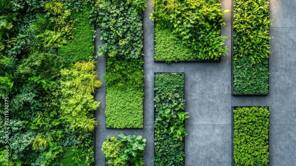 Aerial view of a lush green vertical garden featuring diverse foliage patterns and vibrant textures against a modern gray stone background. Aerial view of a lush green vertical garden featuring diverse foliage patterns and vibrant textures against a modern gray stone background.