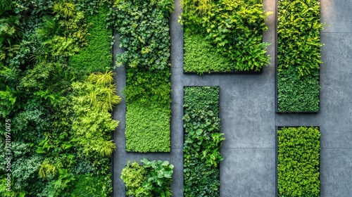 Aerial view of a lush green vertical garden featuring diverse foliage patterns and vibrant textures against a modern gray stone background.